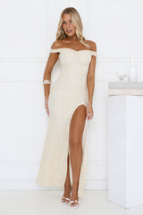 Cherished Off Shoulder Lace Maxi Dress Lemon