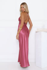Satin Lace Twist Front Crisscross Maxi Dress Berry