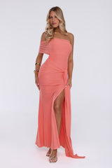 Flora Whisper One Shoulder Mesh Maxi Dress Peach