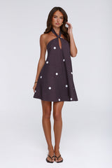 Starry Muse Polka Dot Halter Mini Dress Brown