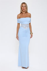 Delicate Glow Lace Off Shoulder Maxi Dress Blue